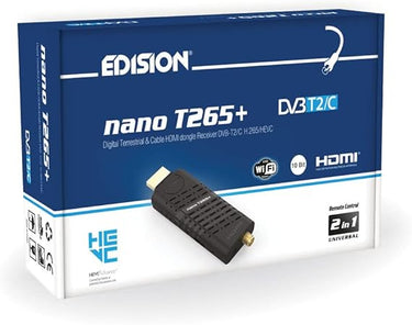 EDISION Nano T265+ Récepteur HDMI dongle Terrestre TNT DVB-T2 et Câble DVB-C, H265 HEVC, FTA, Haute définition, PVR, USB, HDMI, Capteur IR, Charge USB, IR Télécommande 2en1
